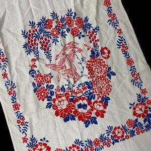 Vintage Wall Hanging Curtain Tapestry Towel Floral Ducks Red Blue Cotton 1950s